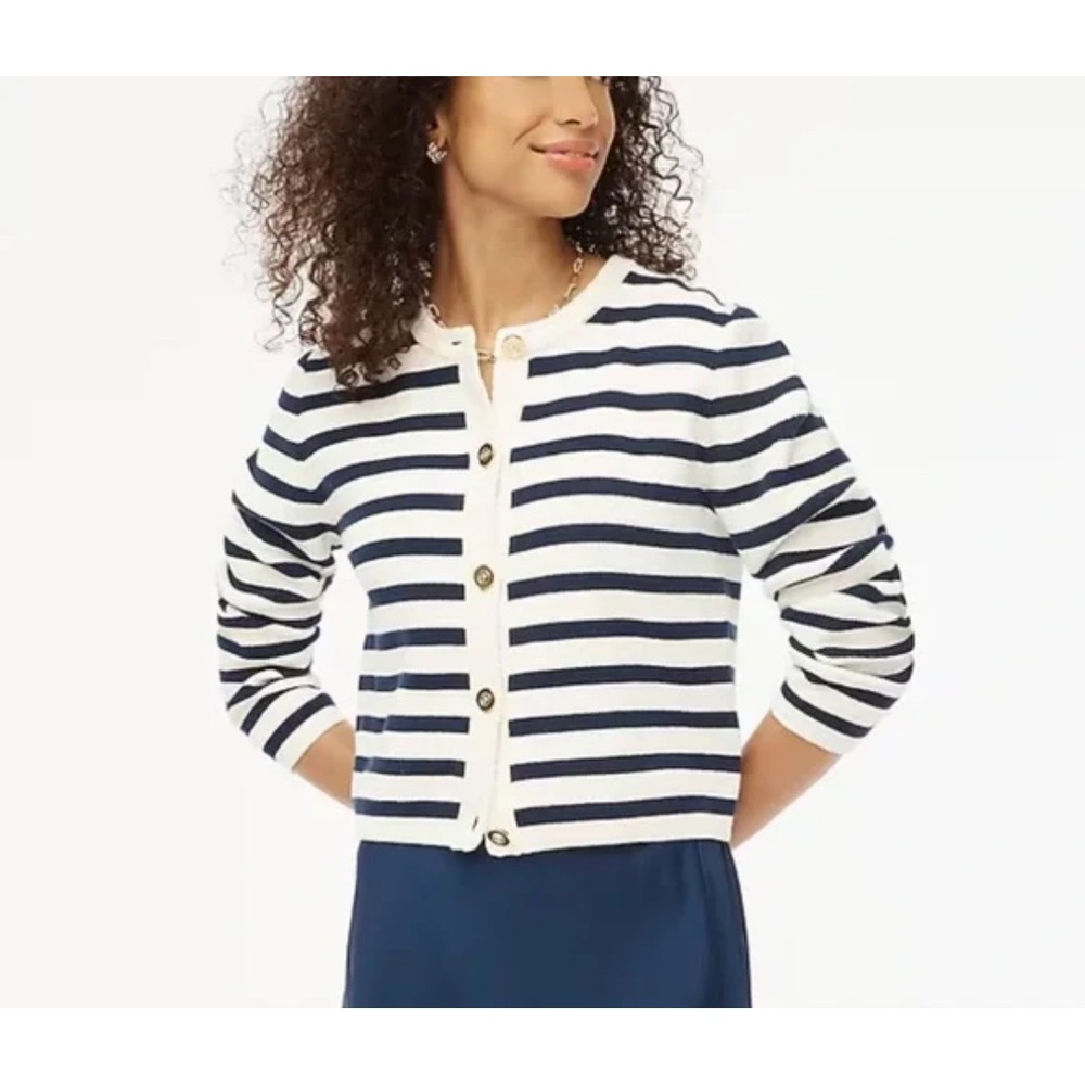 J.Crew‎ Striped Cotton Lady Cardigan Sweater Navy White Gold Buttons M